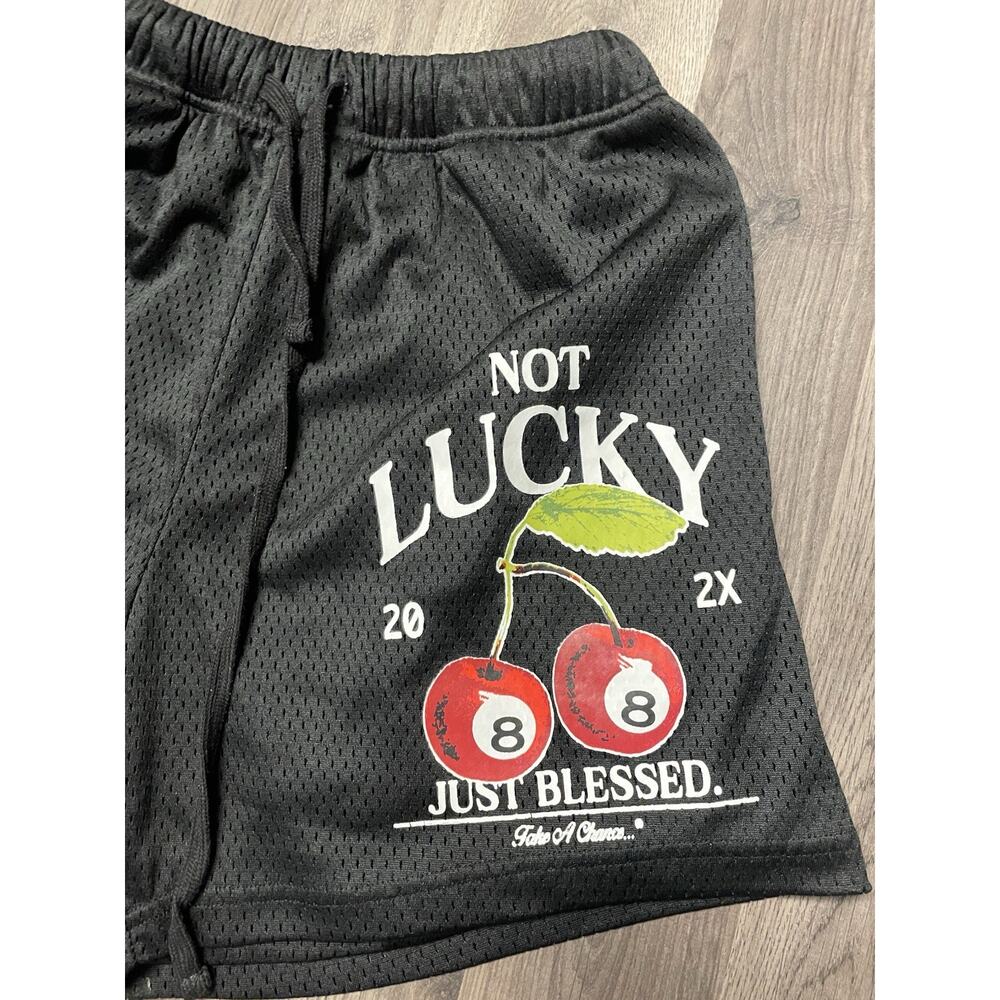 Pacsun Cherry 8 Ball Mesh Shorts Black Womens Size Medium Not Lucky Just Blessed - Picture 2 of 7
